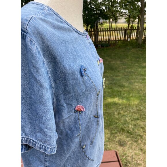 3D Vintage Floral Embroidered Denim Top L Lemon Grass Womens Y2K Button Up - Picture 9 of 9